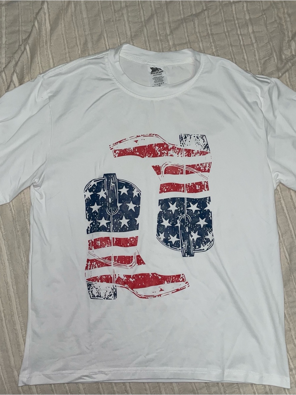 Women’s White Graphic Tee with American Flag Cowboy Boots